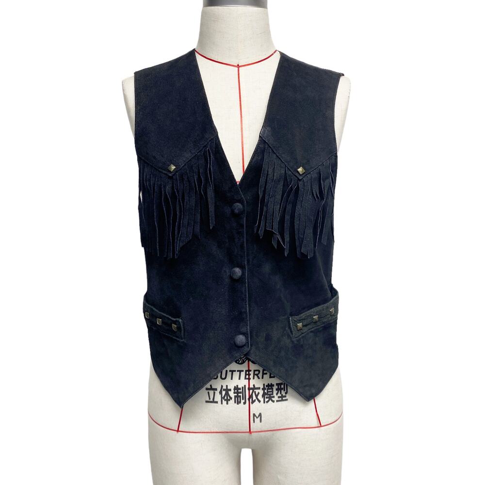 Vintage Now Next Womens Size M Black Suede Studded Fringe Western Vest